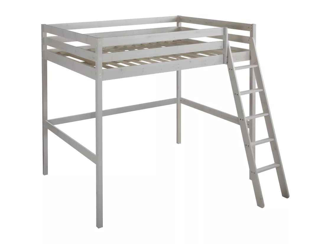 Lit mezzanine GEDEON II - 140 x 190 cm - Pin massif - Blanchi + matelas