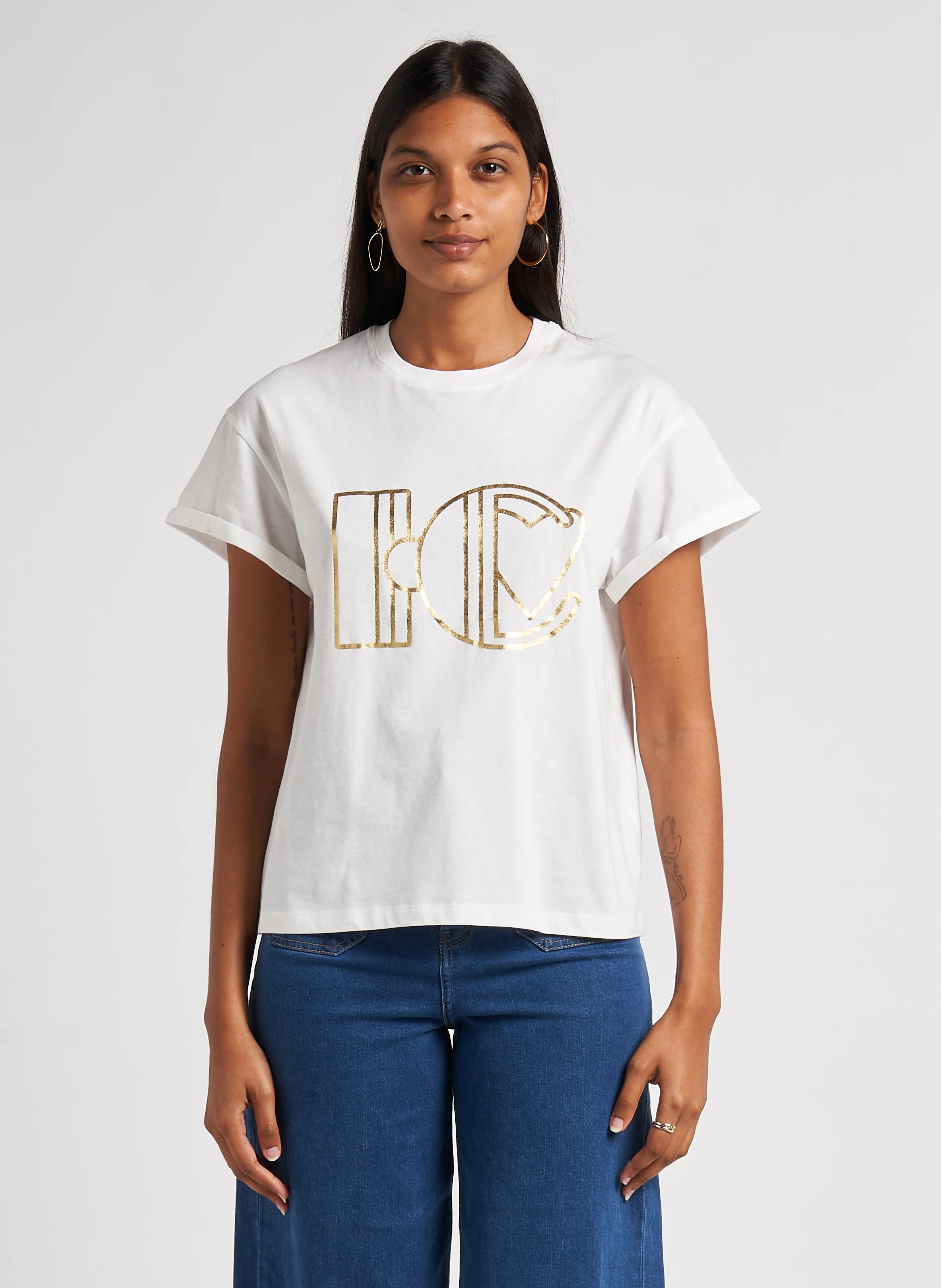 Tee-shirt droit col rond sérigraphié en coton | Blanc