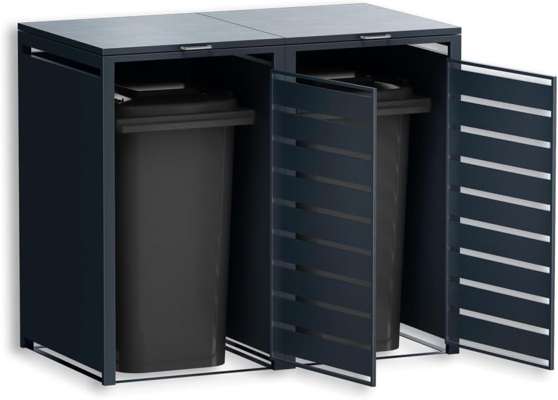 Metzler Mülltonnenbox in Anthrazit mit Sichtstreifen 2er 240L, Mülltonnenverkleidung 2 Tonnen, witterungsbeständiger und pulverbeschichteter Stahl mit Automatikdeckel, abschließbar, Garten- & Müllbox