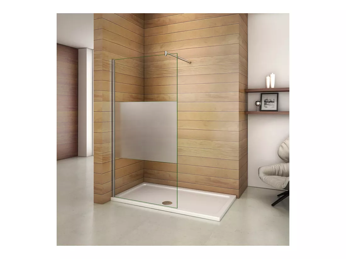 Paroi de douche à l'italienne 90x200cm avec barre de fixation 70-120cm en cylindrique, en 8mm verre bande centrale dépolie