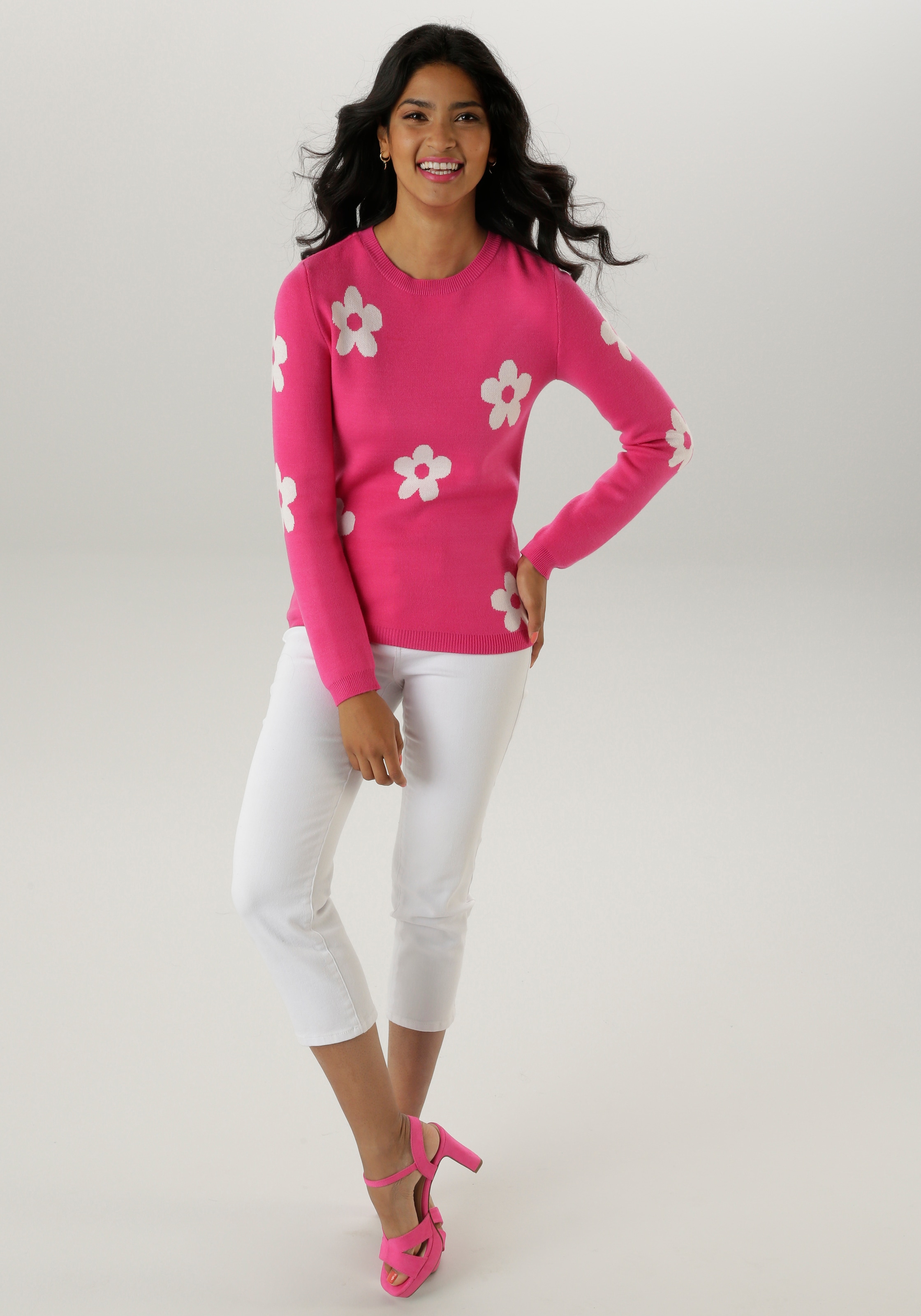 Aniston SELECTED Strickpullover mit eingestricktem Blumenmuster allover - NEUE KOLLKTION