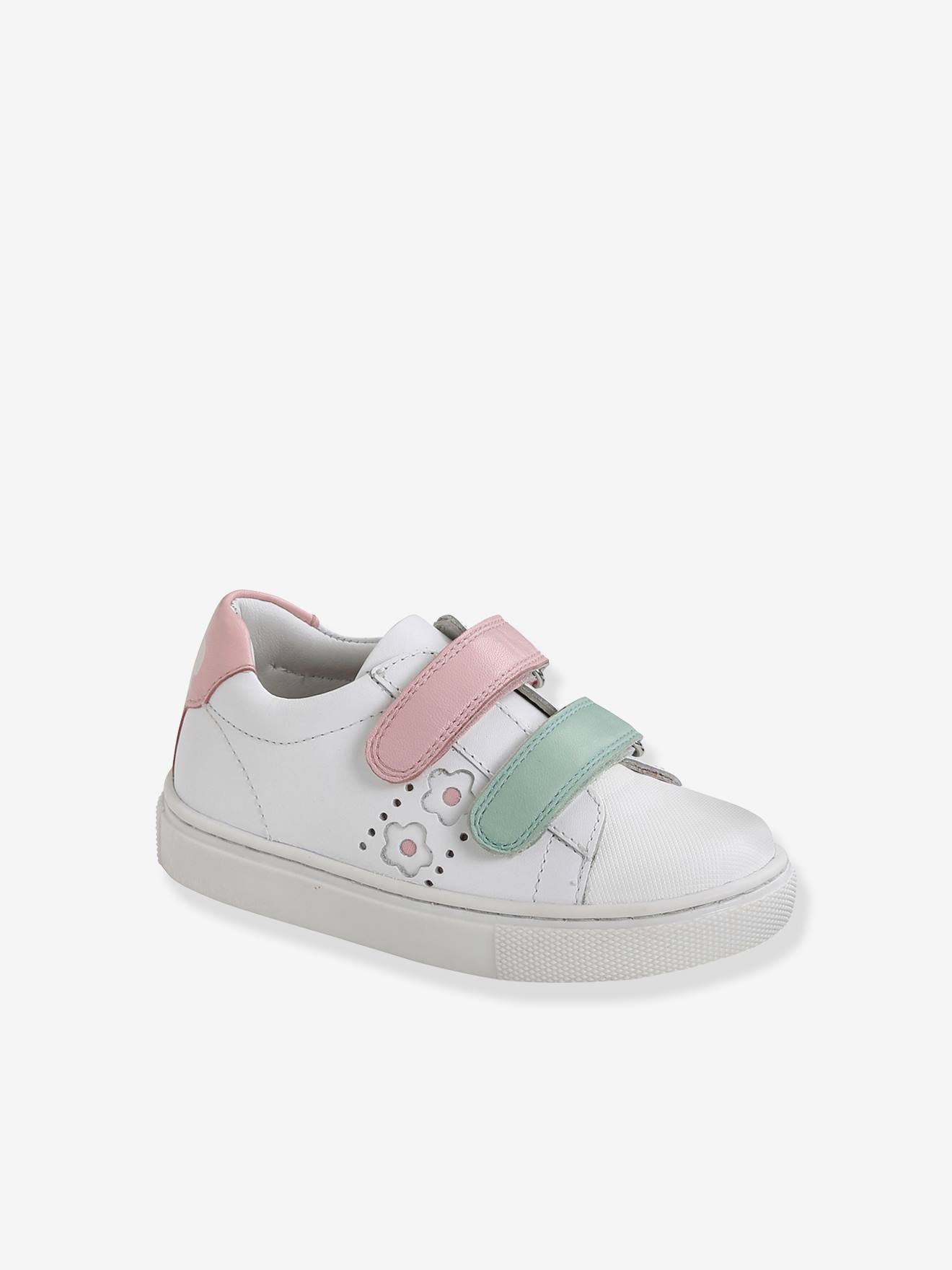 Tênis de couro branco com fecho de velcro para meninas