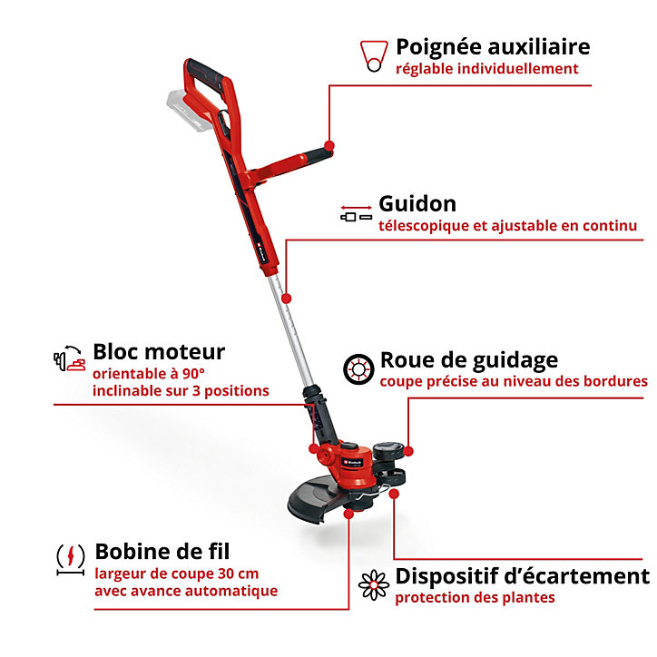 Einhell Coupe-bordures sans fil GE-CT 18/30 Li-Solo Power X-Change (Li-Ion, 18 V, largeur de coupe 30 cm, bloc moteur pivotant à 90° et inclinable,)