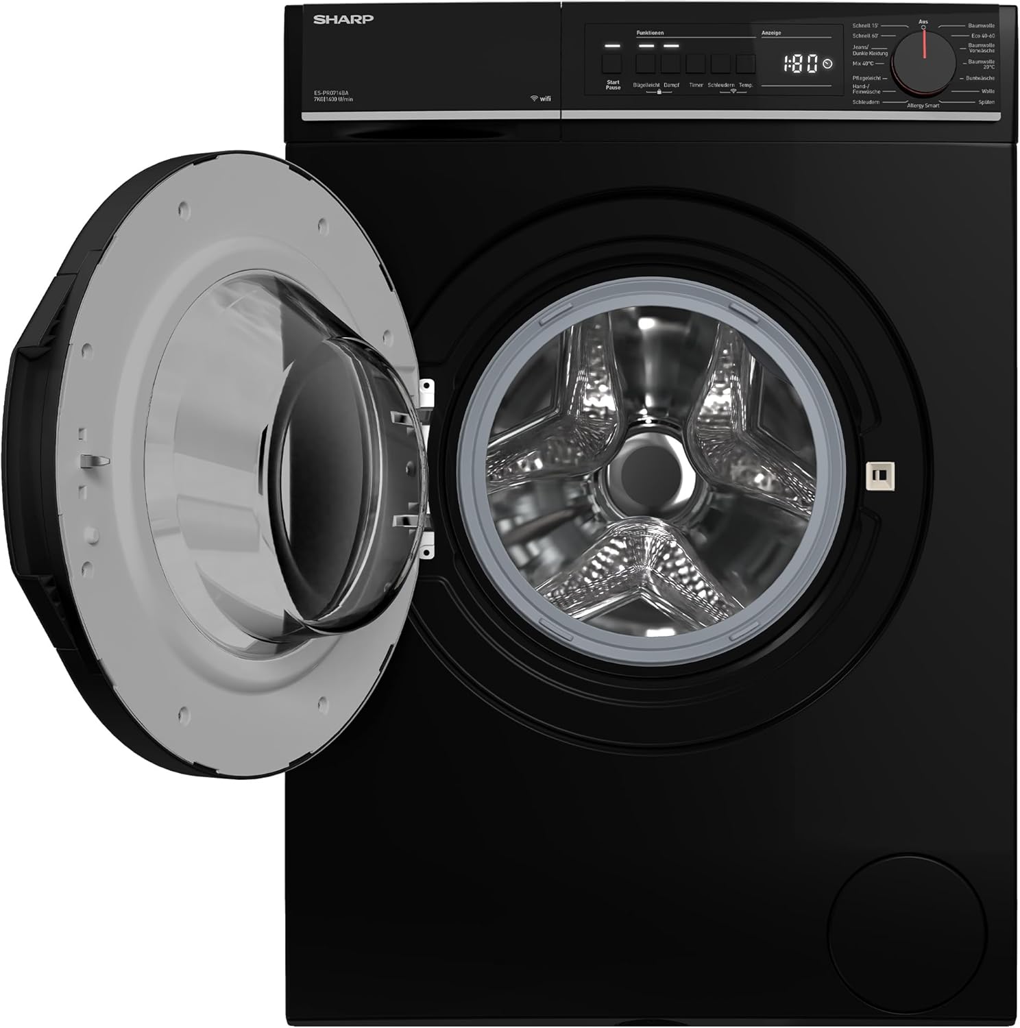 SHARP ES-PRO714BA-DE Waschmaschine Frontlader, 7 kg, 1400 U/min, Aquastop, WIFI, Dampftechnologie (Schwarz)