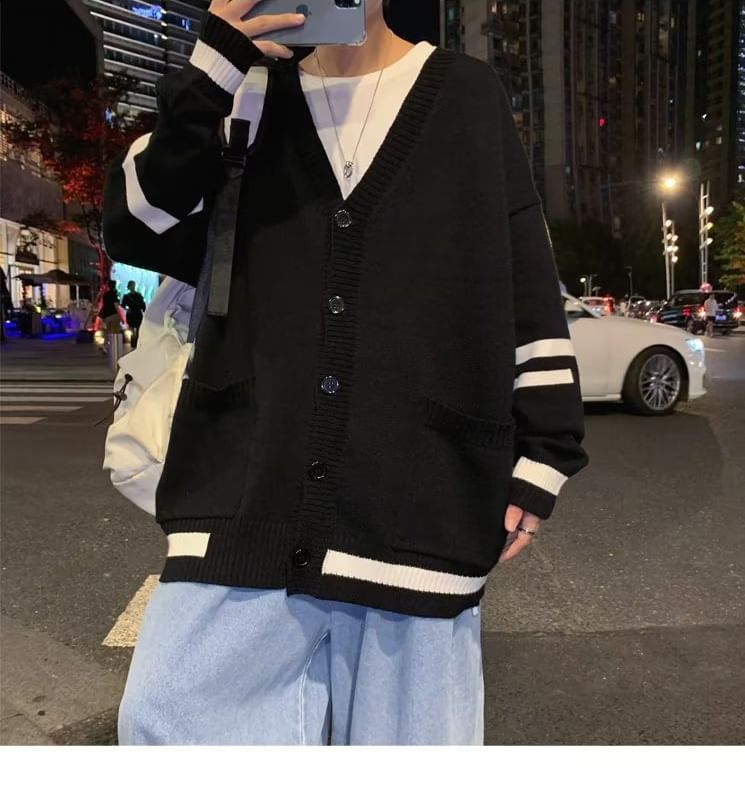 jaywoon - V-hals gestreepte oversized cardigan met knopen