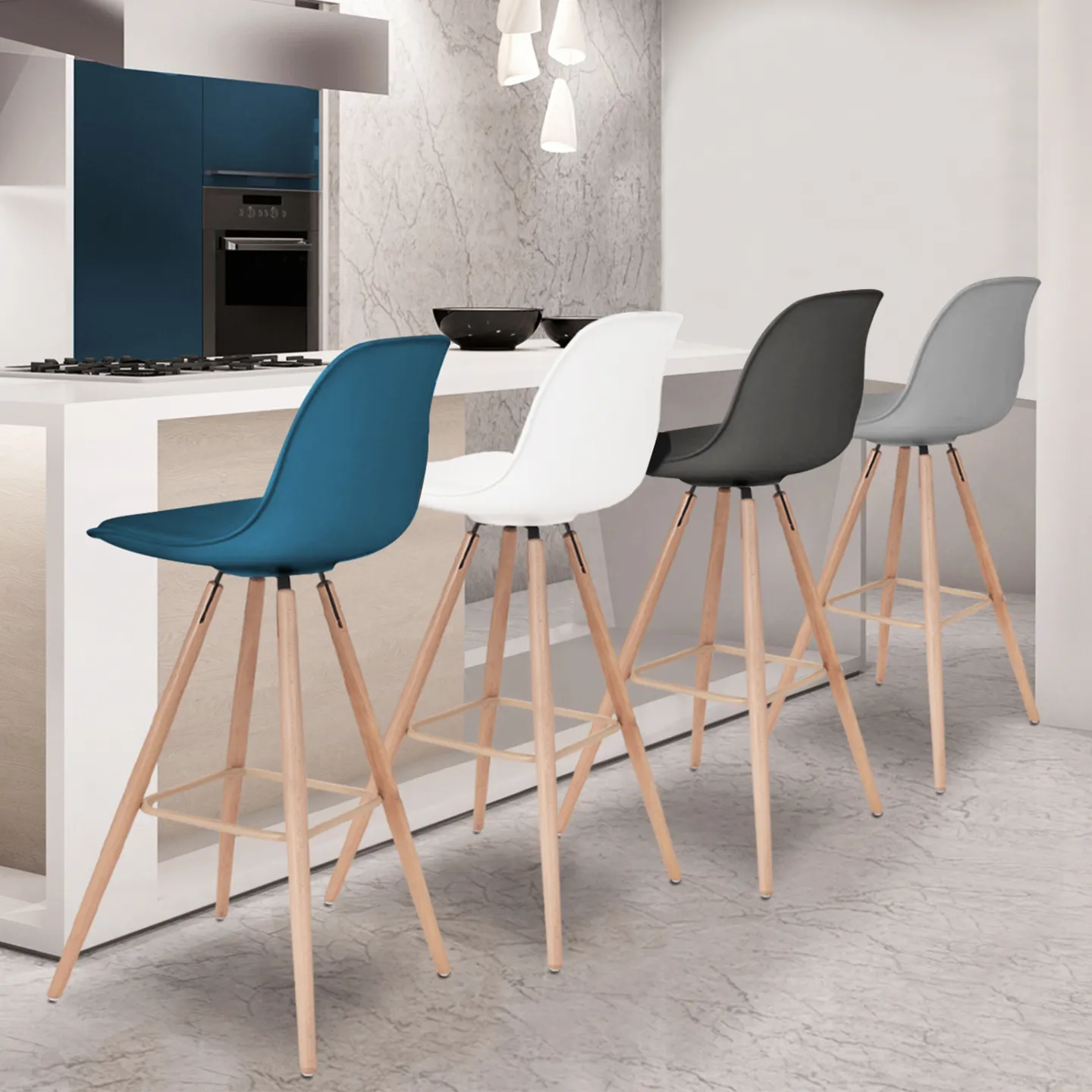 Lot de 4 tabourets de bar SARA mix color gris foncé, gris clair, blanc et bleu canard