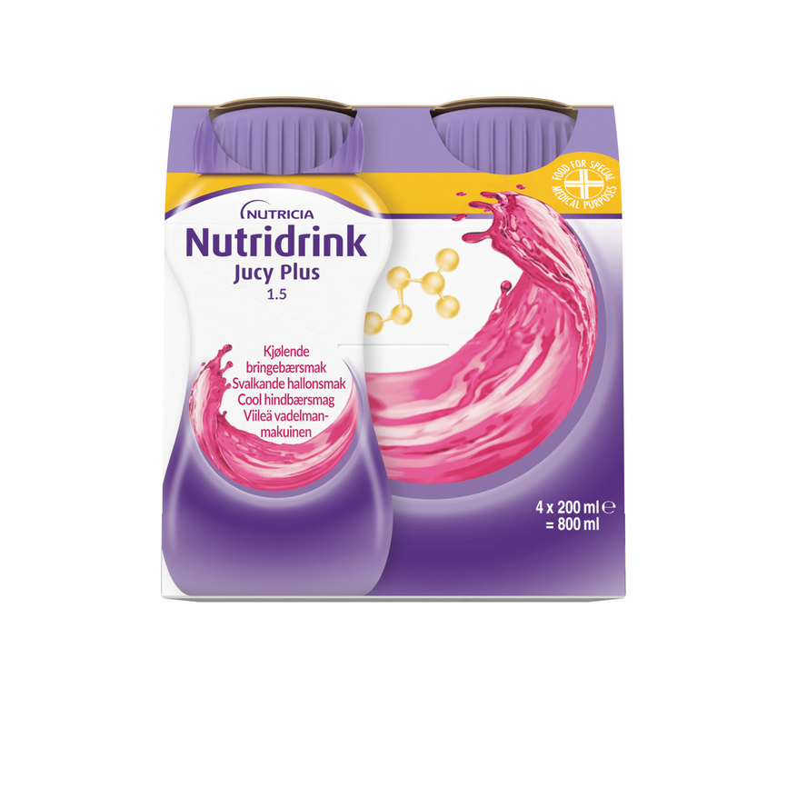Nutridrink Jucy Plus næringsdrikk kjølende bringebær 4x200 ml