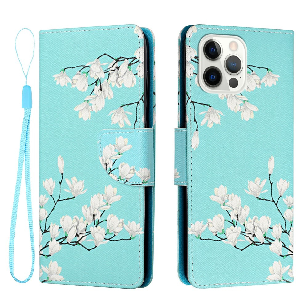 iPhone 13 Pro Leder Tasche mit Kartenfach   Handschlaufe Gardenia Blumen - Blau / Weiss