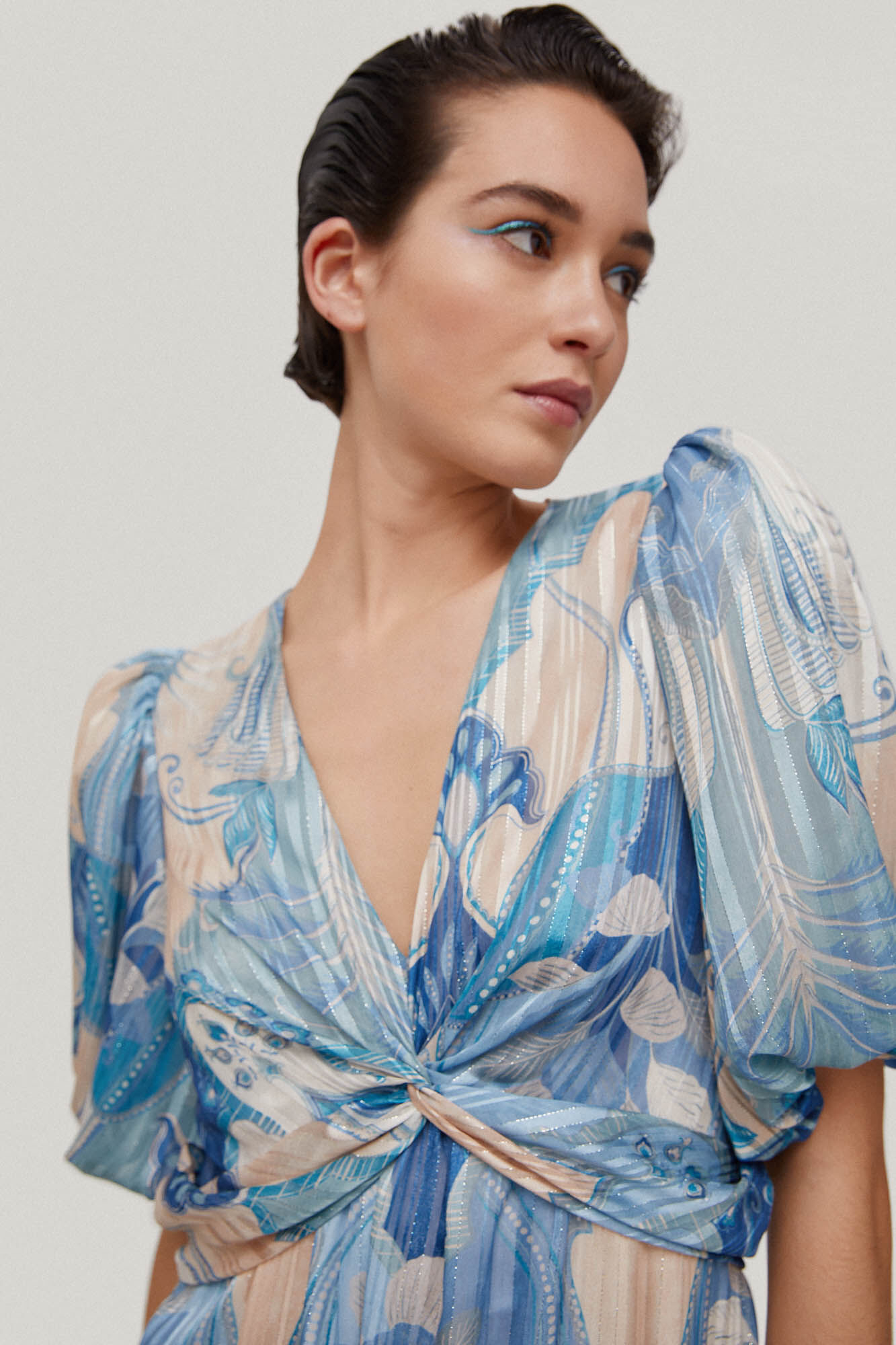 Vestido longo Sandra com estampa de palmeiras - Azul
