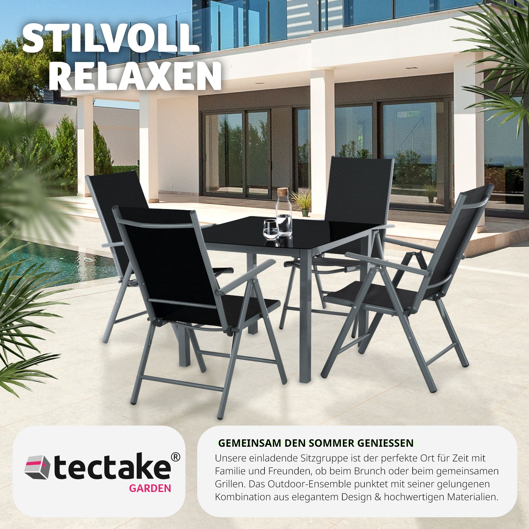 tectake® Sitzgruppe, mit Aluminiumgestell, für 4 Personen, UV-beständig, Tisch mit Sicherheitsglasplatte und Ausgleichsschrauben