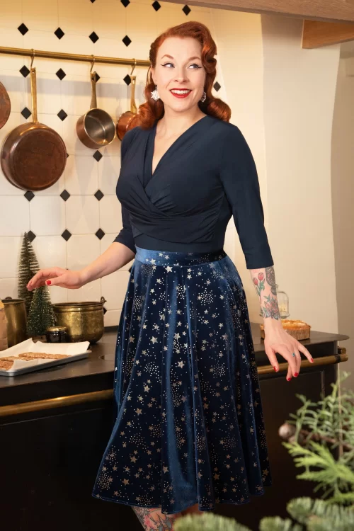 Topvintage Boutique Collection Topvintage exclusive ~ Adriana Velvet Stars swing rok in middernachtblauw