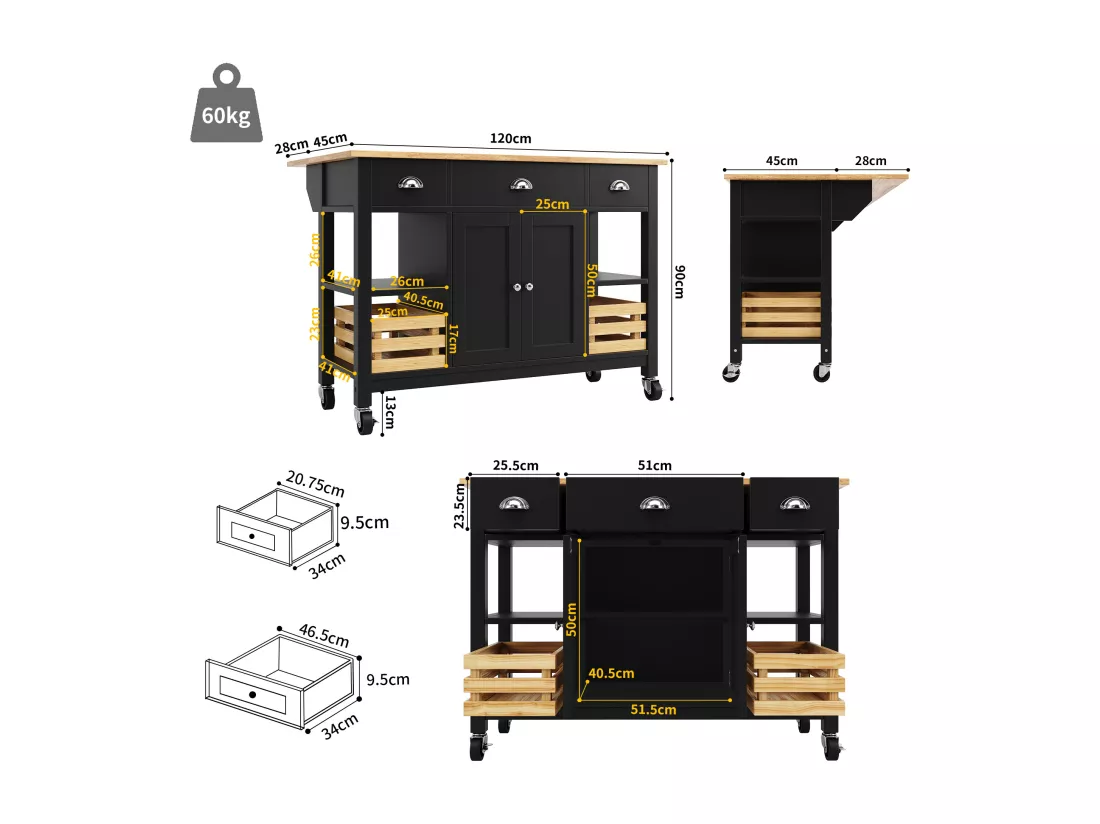 Ilot central de cuisine - chariot à roulette avec plateau extensible - 3 tiroirs et 2 portes - Noir