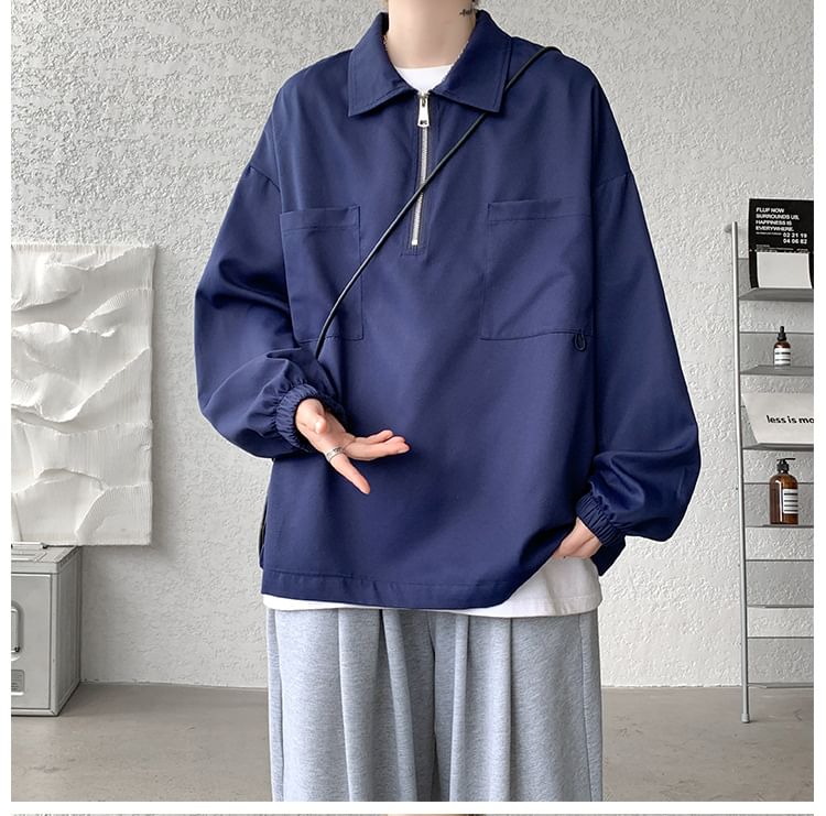 POSI - Sweatshirt met lange mouwen, effen polohals en halve rits