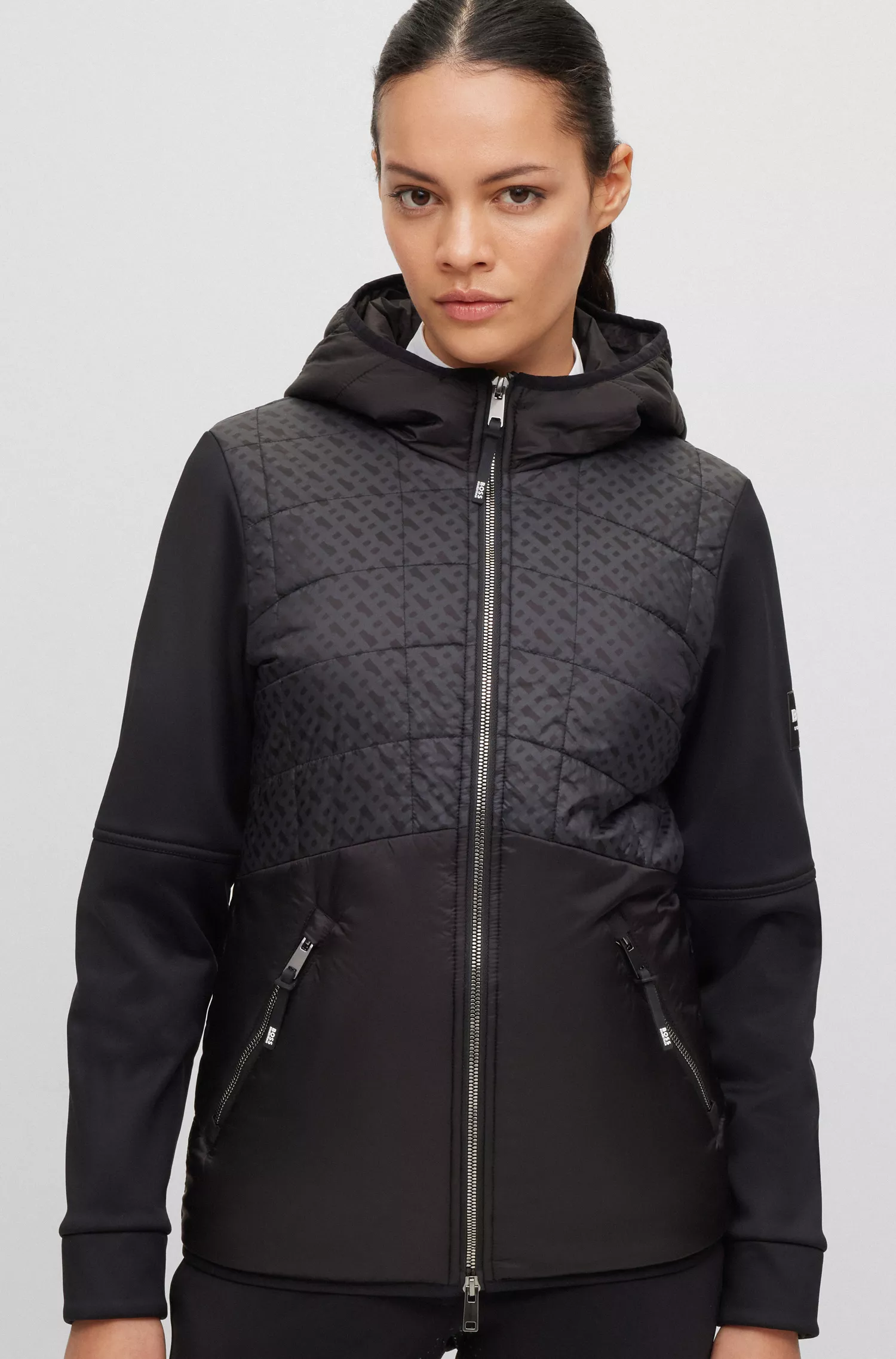 Jaqueta softshell acolchoada BOSS Black-Equestrian com detalhes exclusivos.