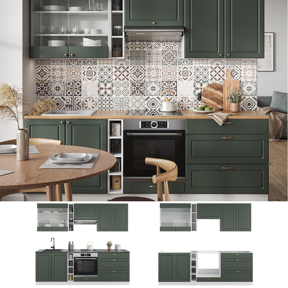 Vicco Küchenzeile Küchenblock Einbauküche Fame-Line Landhaus Weiß Grün 235 cm Gold Küchen Schränke Hängeglasschrank Hängeschrank Schubladenunterschrank Spülenunterschrank Herdumbauschrank
