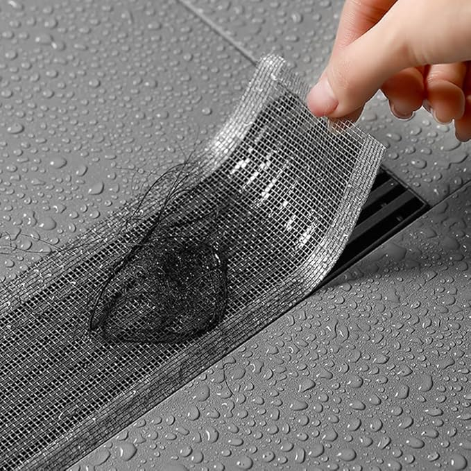 (7cmx5m) Selbstklebender Abfluss Haarfänger Zuschneidbares Abflusssieb Netz Aufkleber inkl. Schaber für Badewanne / Dusche / Waschbecken - Grau