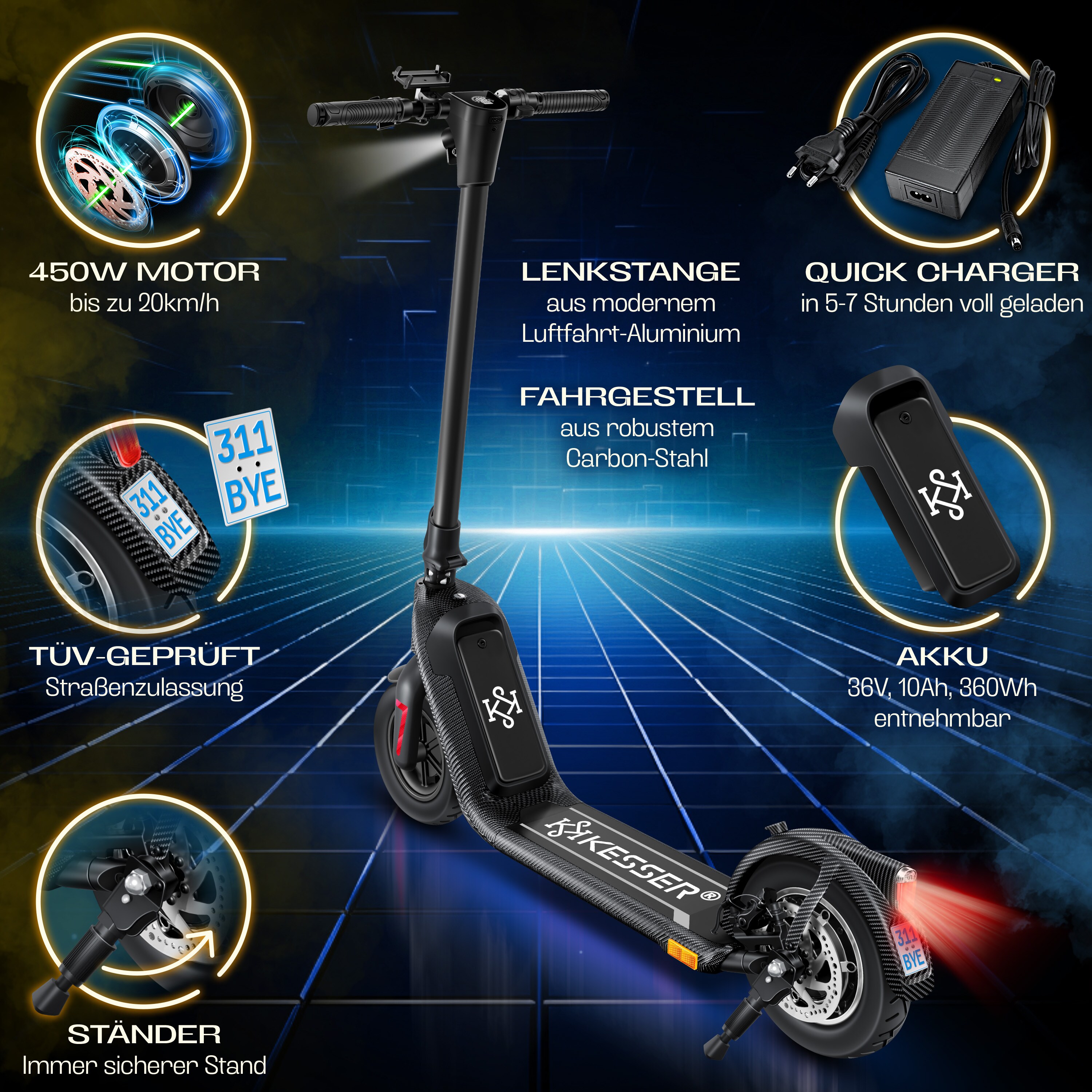KESSER® E-Scooter mit Straßenzulassung 40km Reichweite Faltbarer Elektro 36V / 10 Ah Batterie Roller Belastung bis 120kg 450W Motor 10