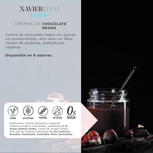 Creme proteico sabor chocolate amargo e biscoitos, sem açúcar, sem polióis, vegano.
