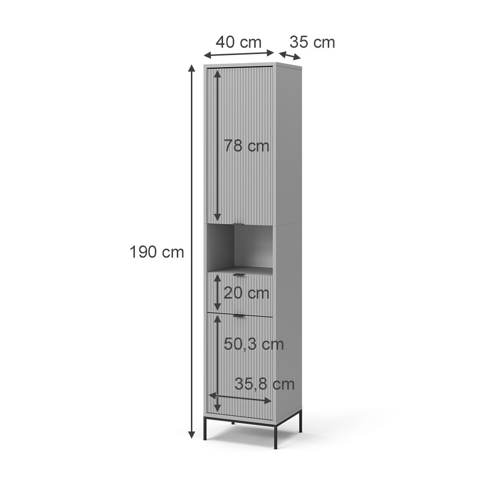 Vicco Hochschrank Eliza 40 x 190 cm, Grau, Badezimmer, modernes Design, mit Türen