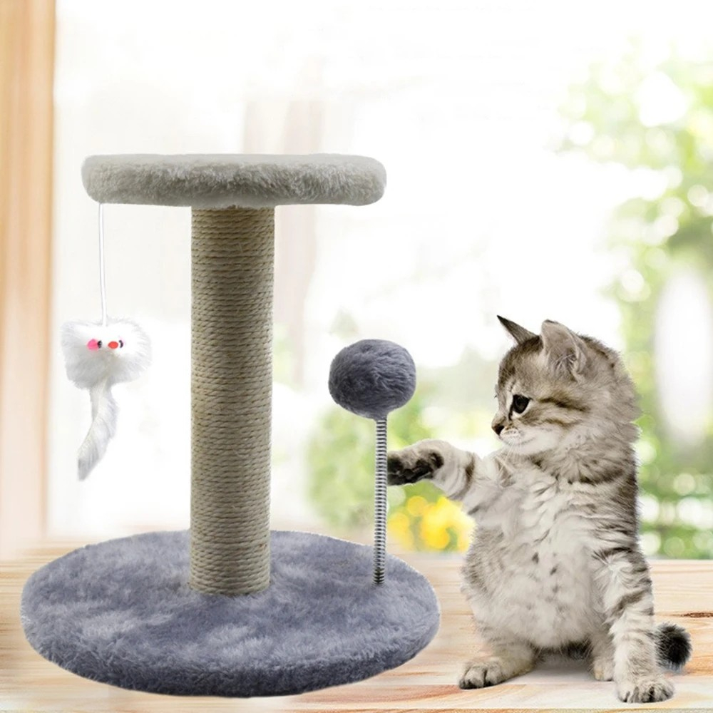 (28cm) Mini Katzen Baum Sisal Kratzsäule mit Plattform / Spiel Maus / Ball für Kitten - Grau