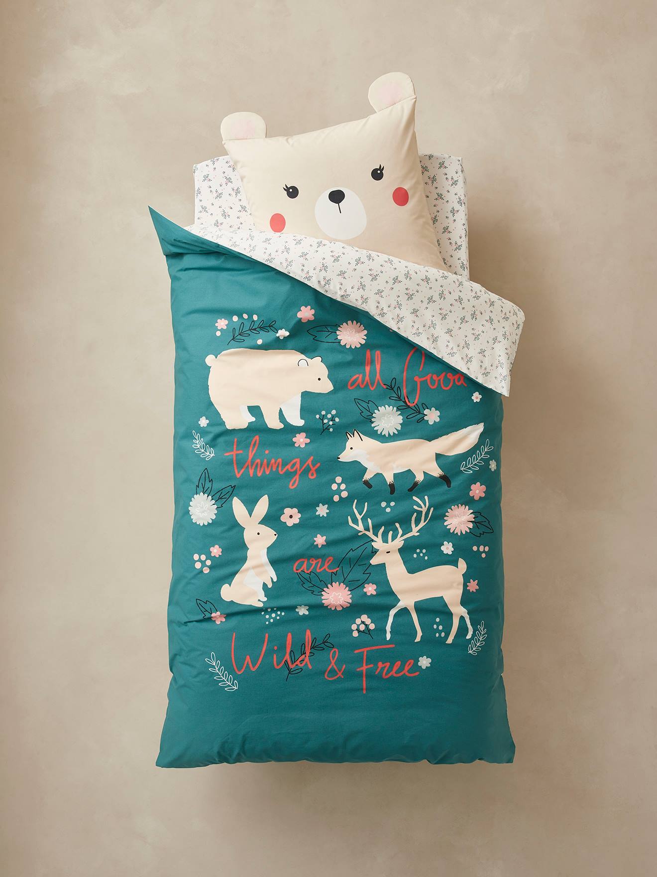 Conjunto de capa de edredom e fronha infantil em algodão orgânico* Wild & Free, liso, azul médio com estampas