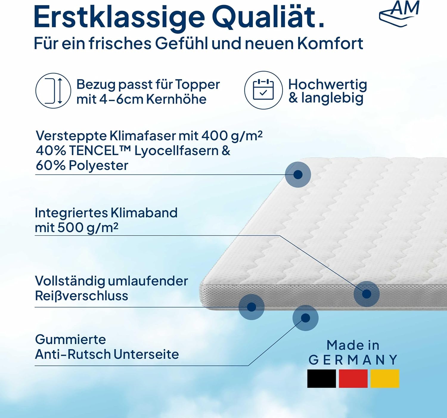 AM Qualitätsmatratzen Lyocell Topper Bezug 180x200 4-6 cm Kernhöhe - Made in Germany & Oeko-TEX Siegel - Allergiker Topperbezug 180x200cm mit Anti-Rustch Unterseite & 4-seitigem Reißverschluss