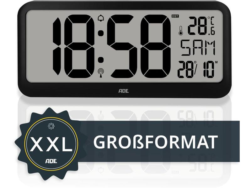 ADE Funkuhr XXL Wanduhr oder Regeluhr Schwarz Inklusive Wecker mit digitaler Anzeige