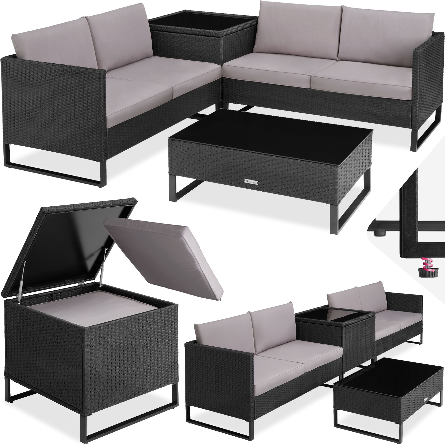 tectake® Rattan Lounge, für 4 Personen, große Aufbewahrungsbox, mit Sicherheitsglasplatte