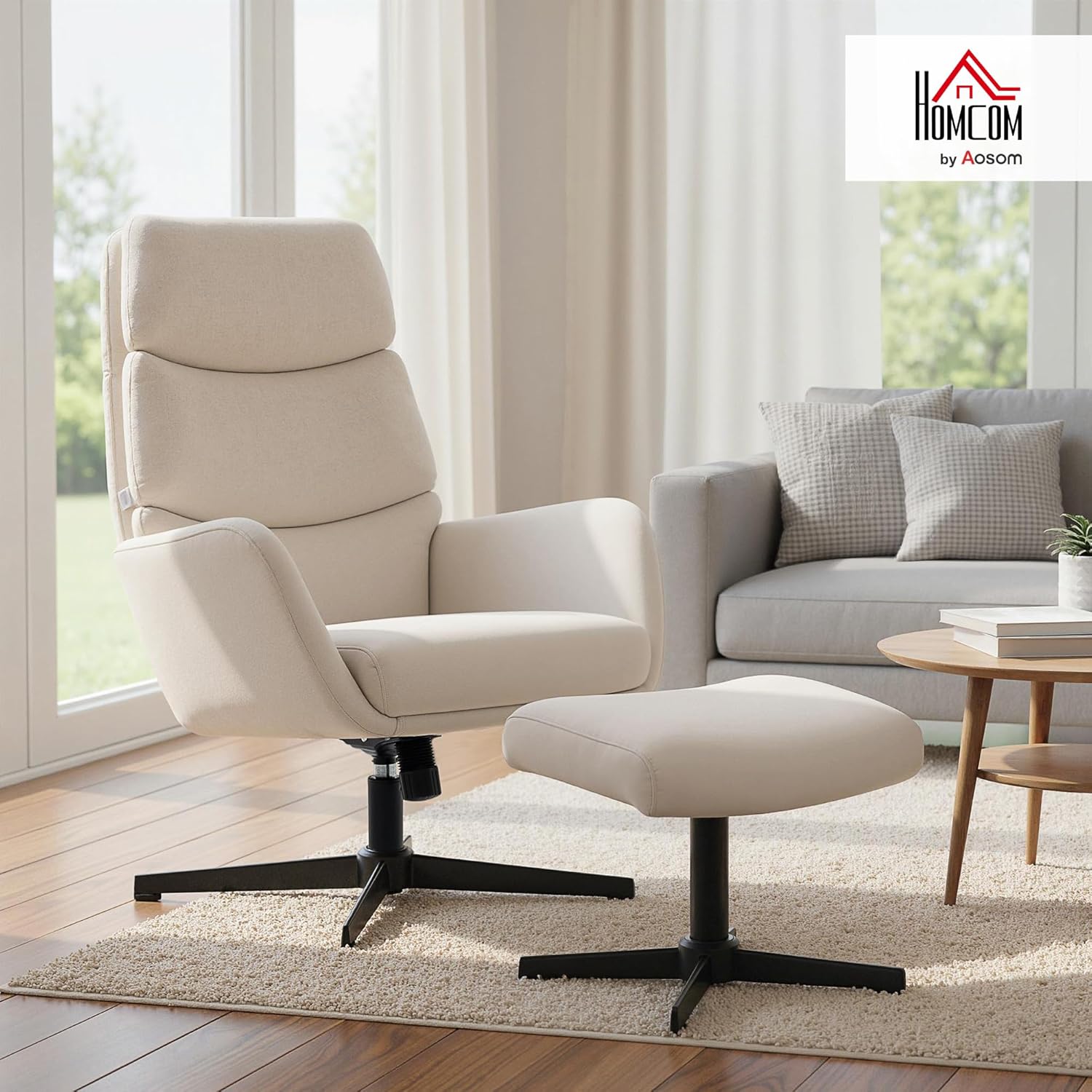 HOMCOM Relaxsessel mit Hocker, Sessel mit hoher Rückenlehne, Loungesessel mit Wippfunktion Leinenoptik Metallsockel, Polstersessel für Wohnzimmer, Schlafzimmer, Beige