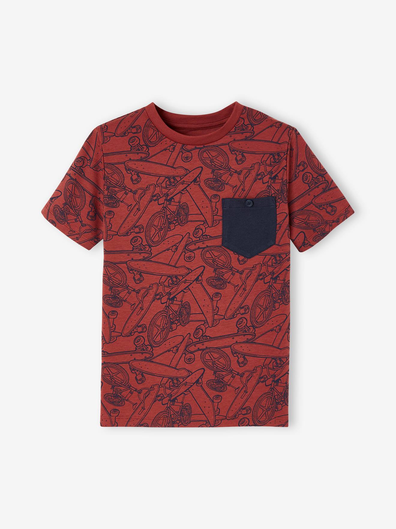 Camiseta de manga curta com estampas gráficas, para meninos, cor canela.