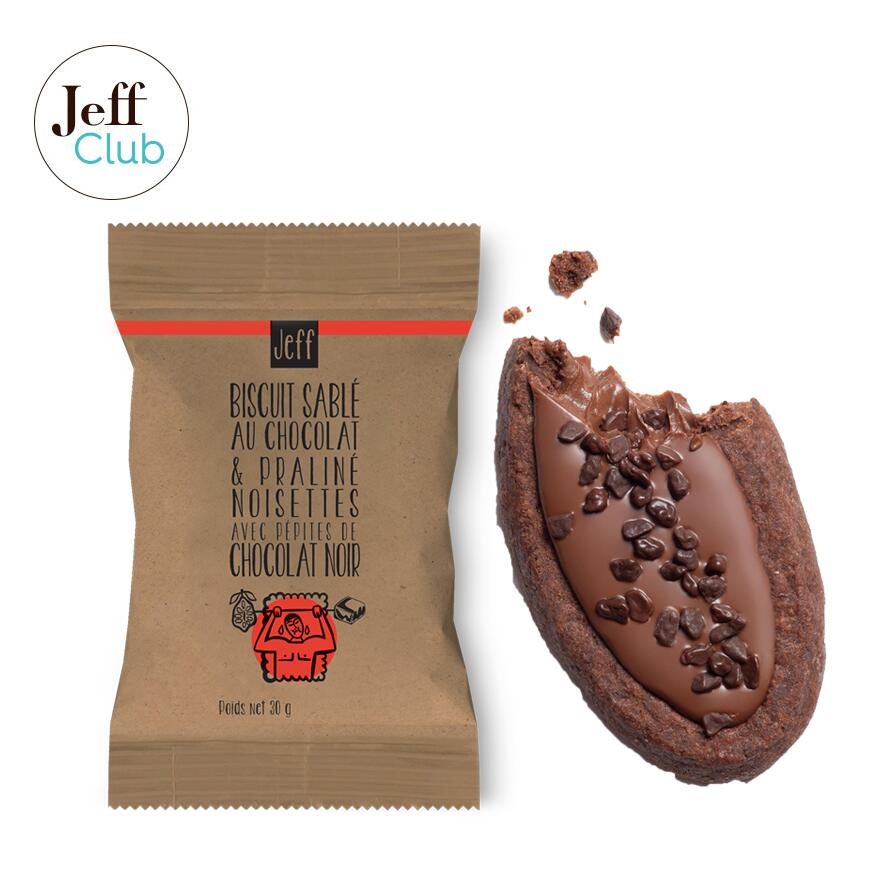 Biscuit sablé au cacao, pâte de noisettes et pépites chocolat noir
