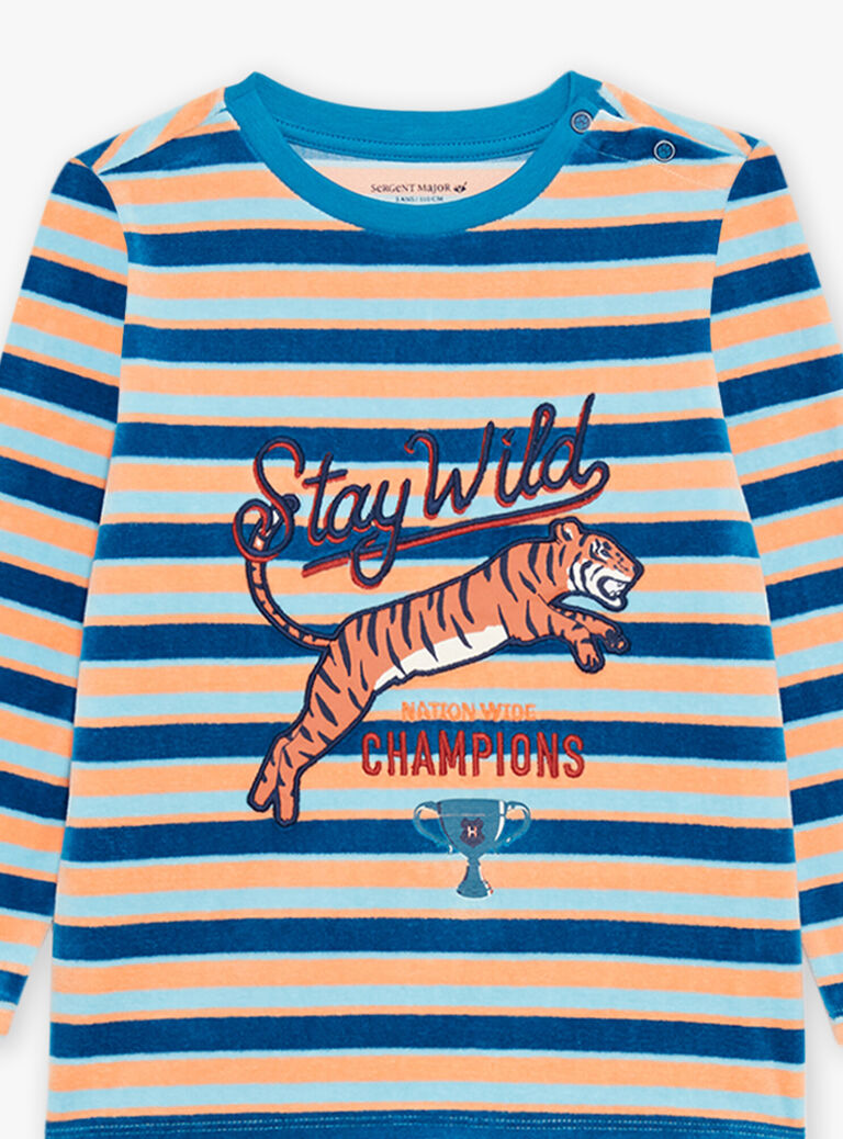 Ensemble pyjama bleu foncé en velours à rayures avec tigre