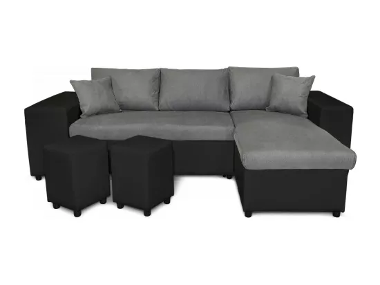 Canapé d'angle réversible Mady bimatière gris/noir avec coffre accoudoir étagère et poufs gauche - L254 x P146 x H81cm - Loungitude