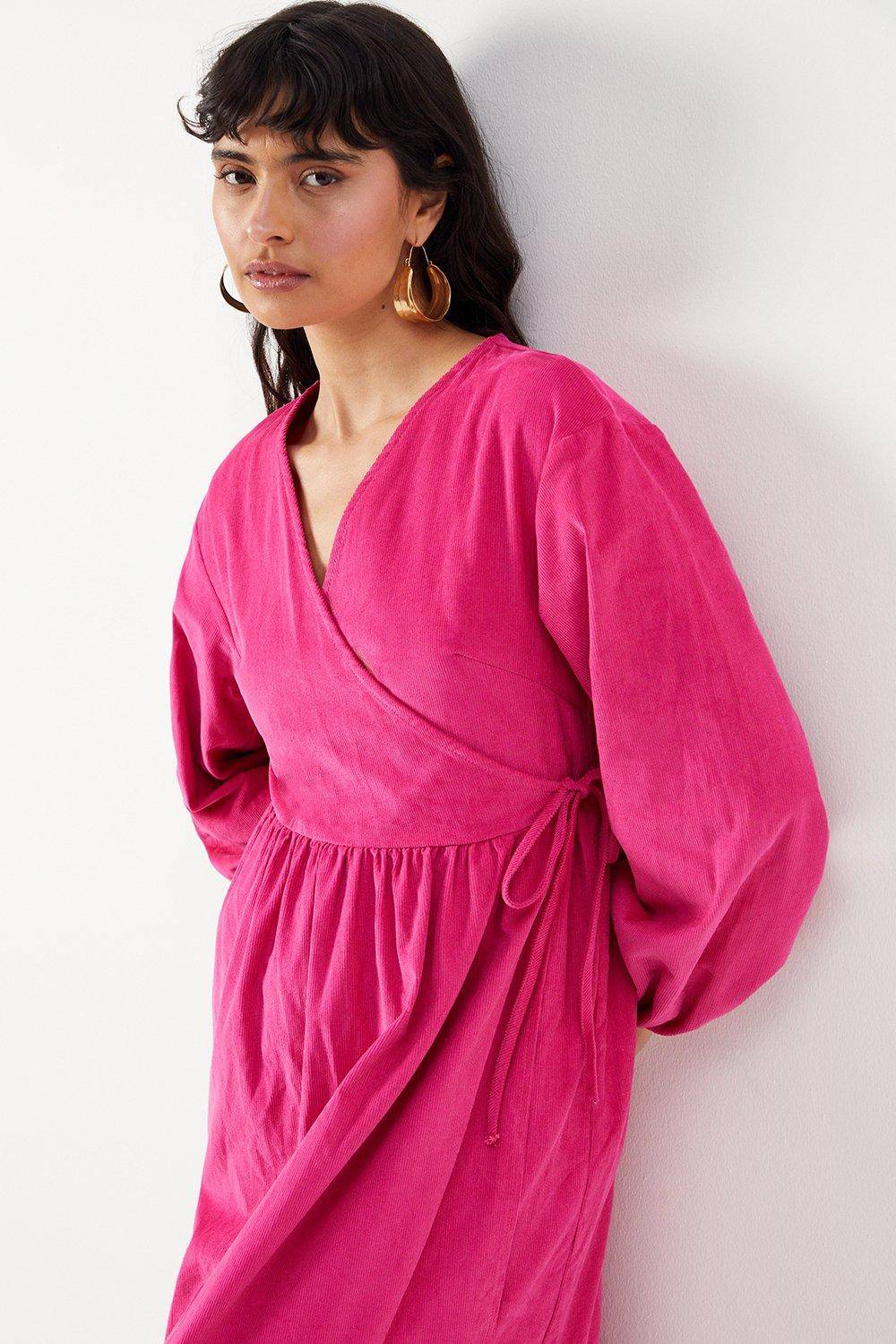 Warehouse Robe Midi Portefeuille en Velours Côtelé Baby