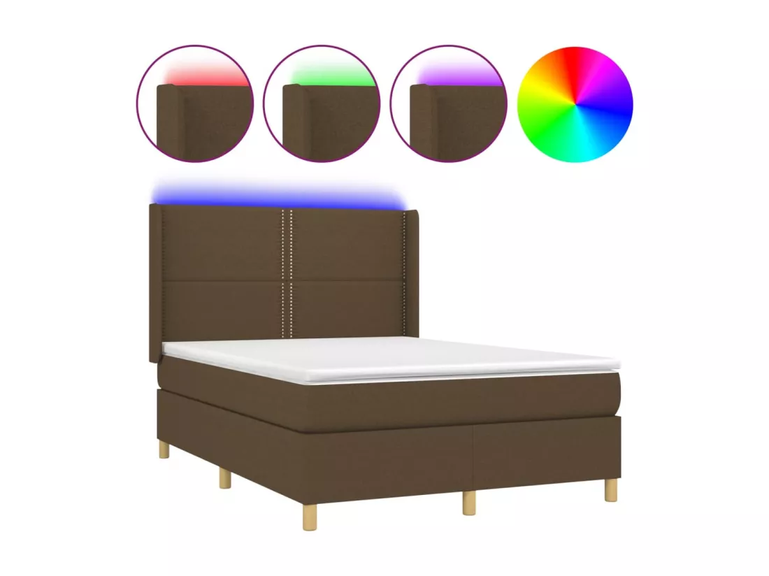 Sommier tapissier matelas et LED Marron foncé 140x190 cm Tissu
