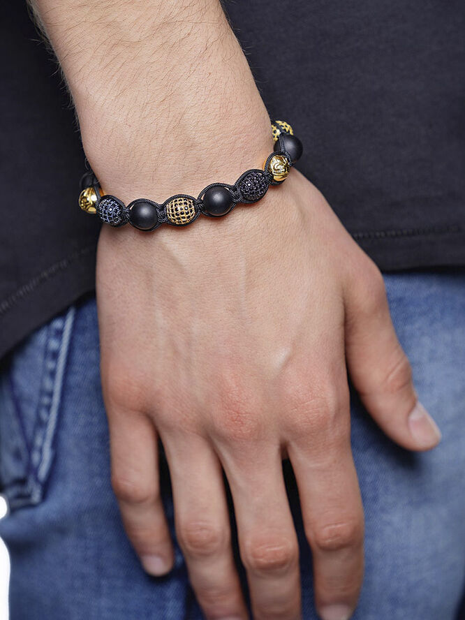 Nialaya Men's Beaded Bracelet with Matte Onyx and Black/Gold CZ Diam Black