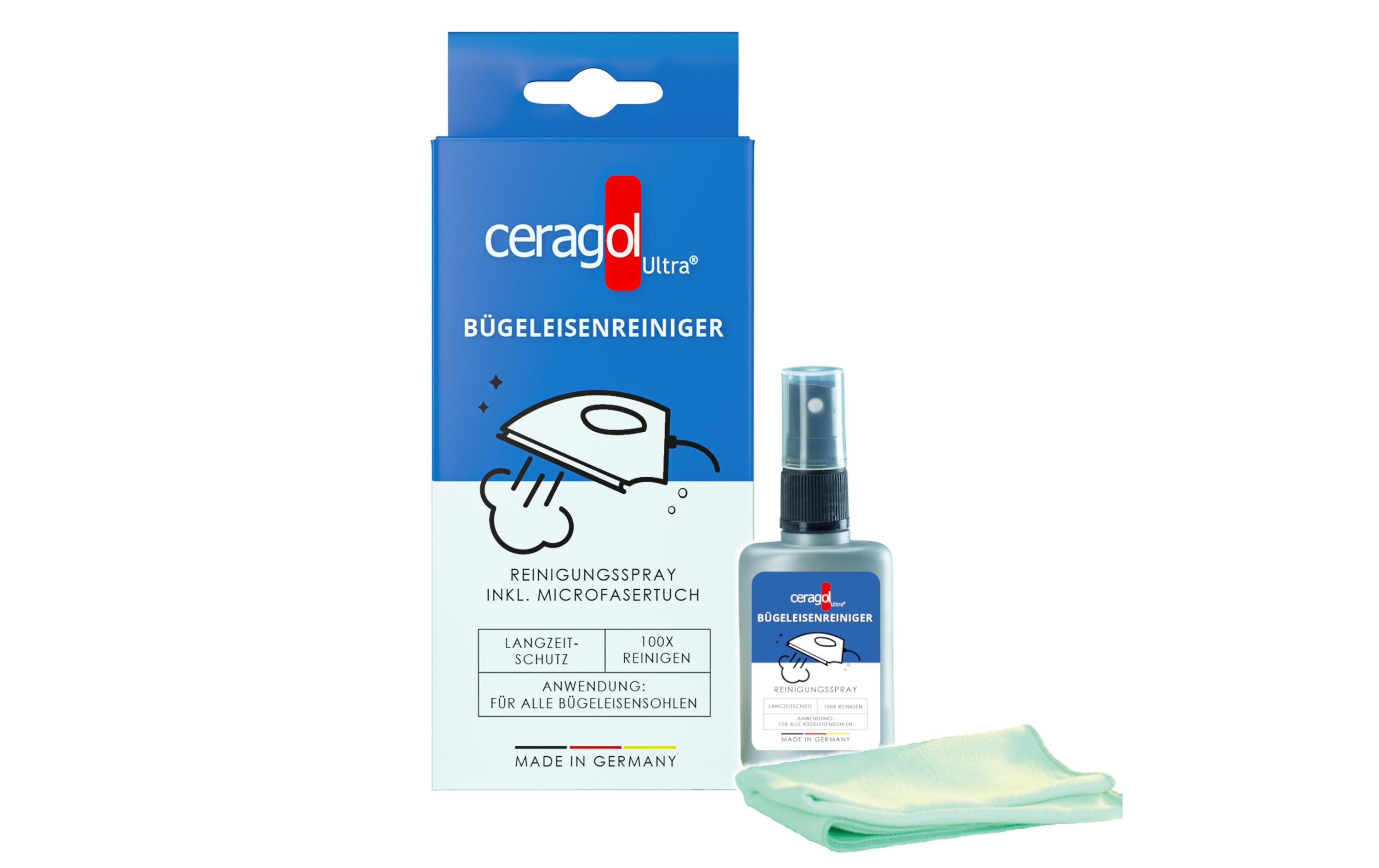Bügeleisenreiniger 50 ml & TuchReiniger für Bügeleisen mit Bügeleisensohlen aus Keramik, Edelstahl oder Aluminium