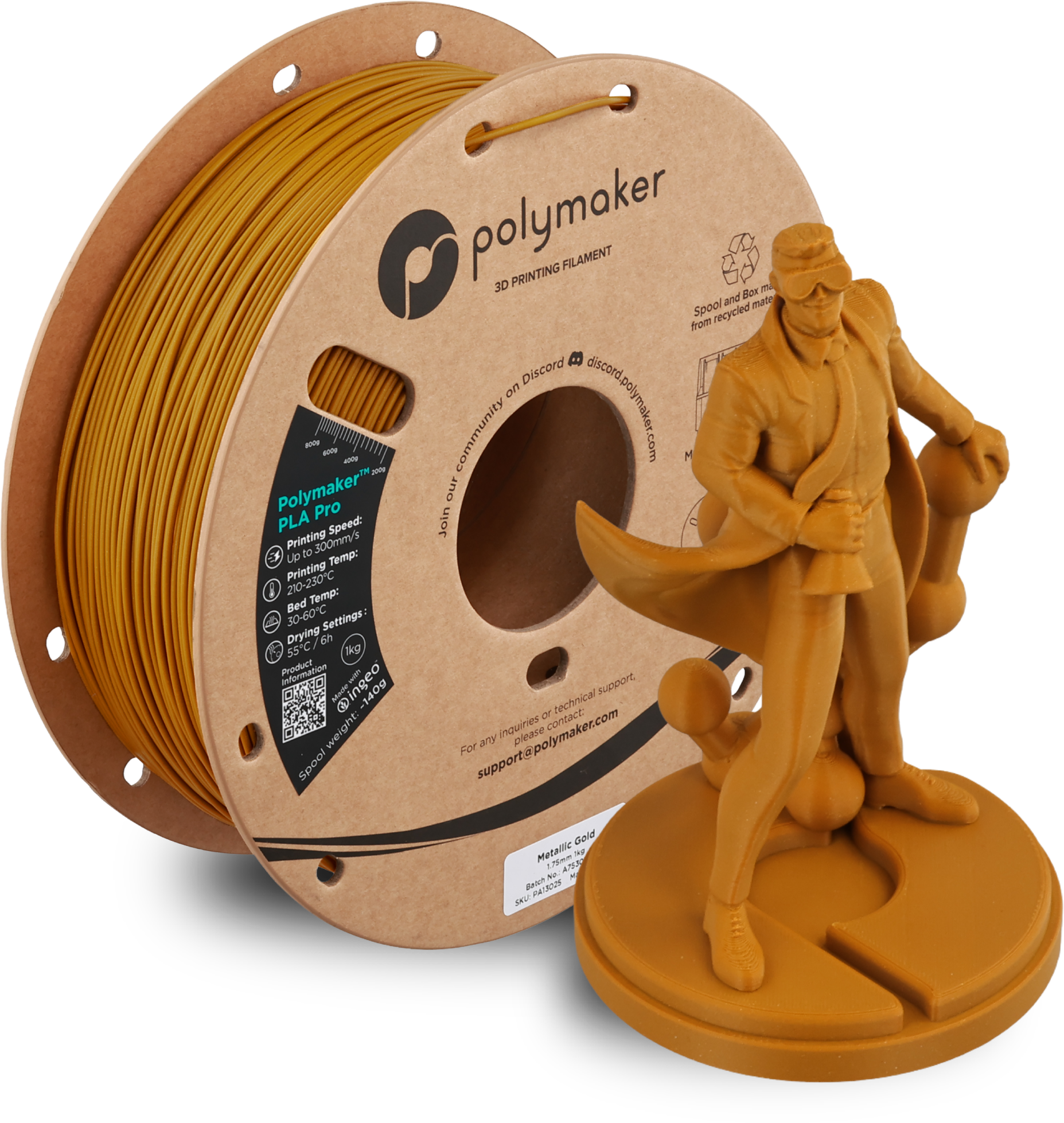 Polymaker  PLA Pro Metallic Gold, 1,75 mm / 1000 g    Neue, verbesserte Formulierung: Hochleistungs-High Speed-PLA in Metallic Gold