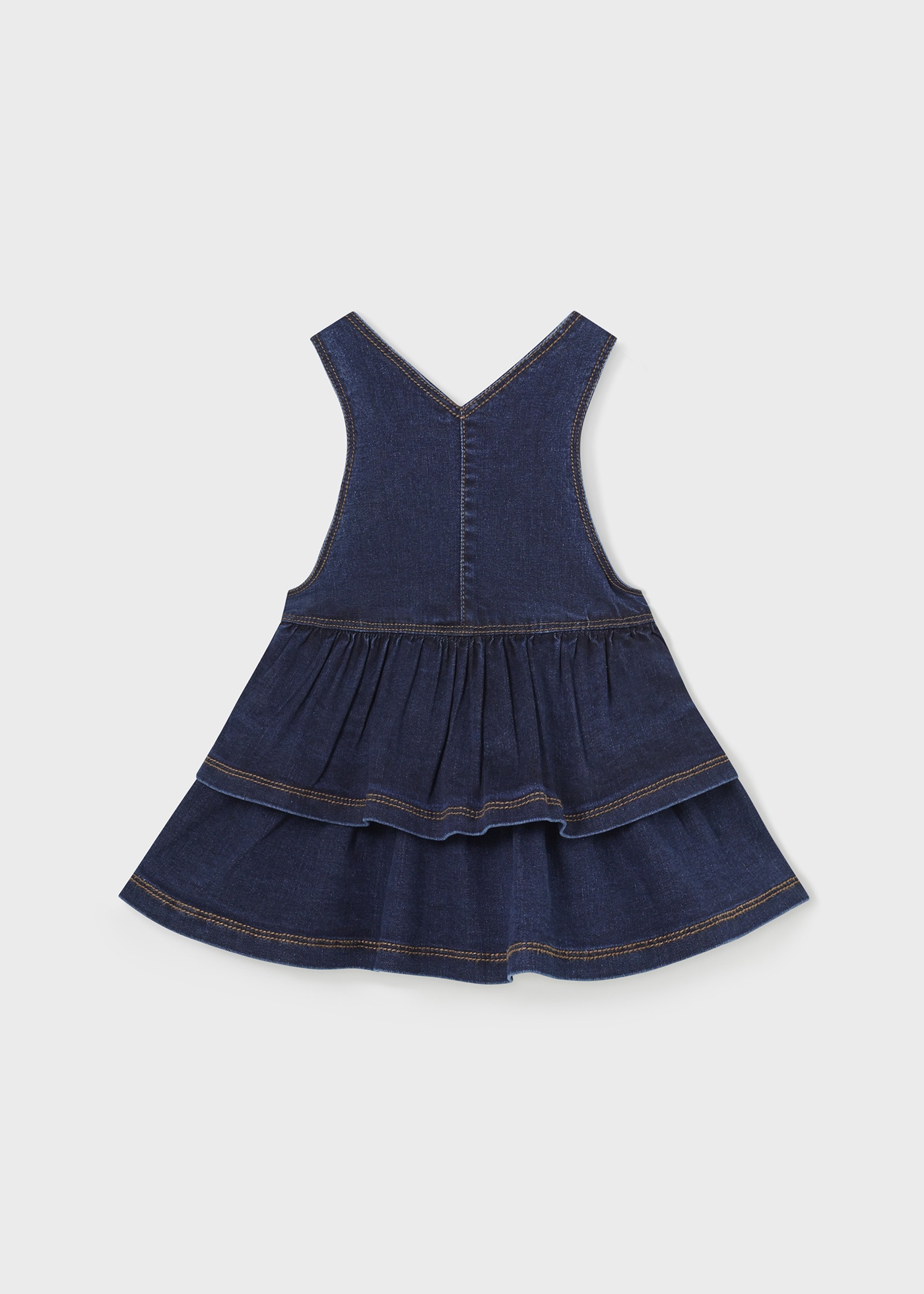 Vestido jardineira jeans para bebê com babados