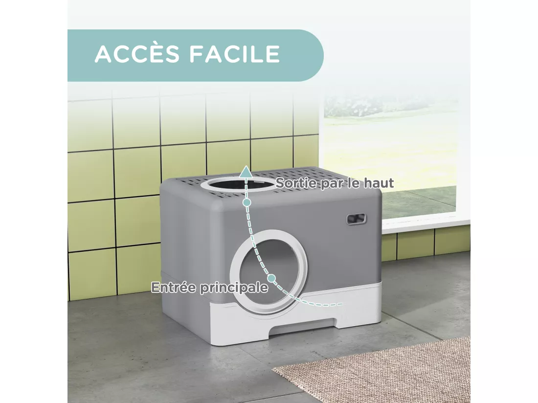 Maison de toilette chat porte battante et haute pelle PP gris blanc