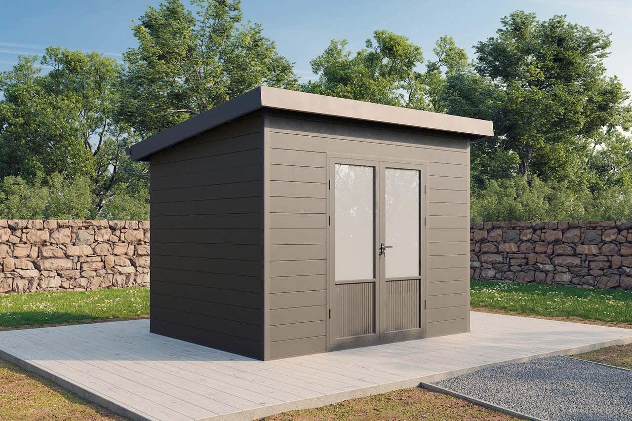 Finnhaus Wolff WPC Gerätehaus Terra 3024 28 Anthrazit/Hellgrau Gerätehaus aus Holz/Kunststoff, Geräteschrank mit 28 mm Wandstärke Gartenhaus