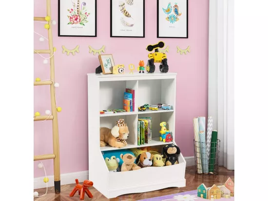 Meuble de Rangement pour Jouets à 3 Niveaux avec 4 Compartiments Ouverts et un Bac, Bibliothèque pour Enfants, 67 x 40 x 88,5 CM (L x l x H), Blanc