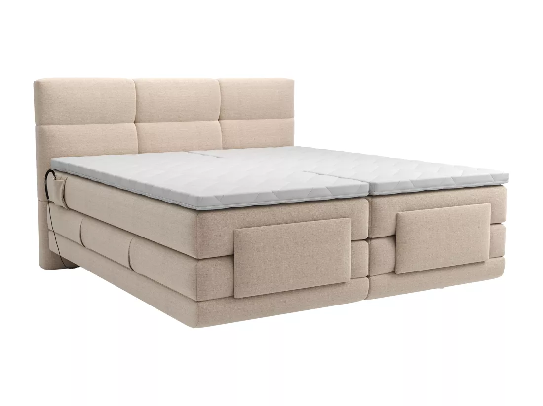 Ensemble complet boxspring tête de lit capitonnée + sommiers relaxation électrique + matelas + surmatelas - 2 x 90 x 200 cm - Tissu - Beige - LODI de PALACIO