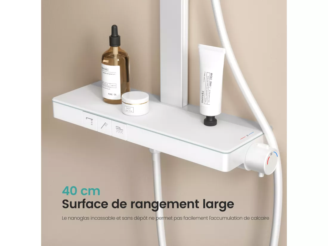 EMKE Colonne de douche Thermostat Ensemble de colonne de douche avec plaque thermostatique de 40 cm, douchette à effet pluie, Blanc
