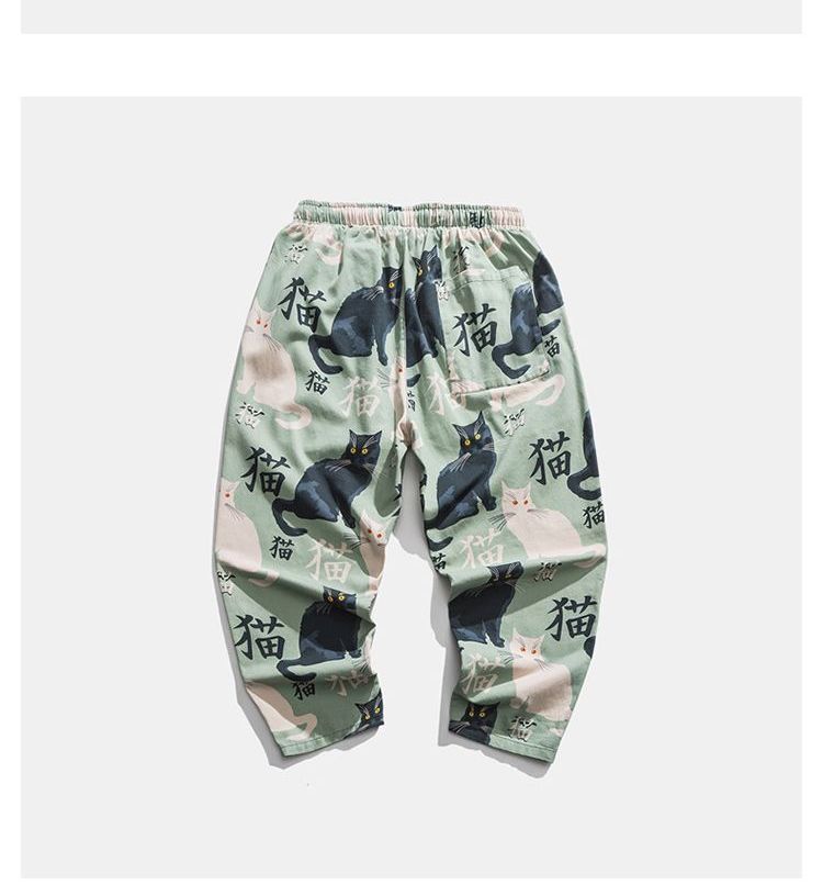 Aozora - Cropped broek met trekkoord en kattenprint