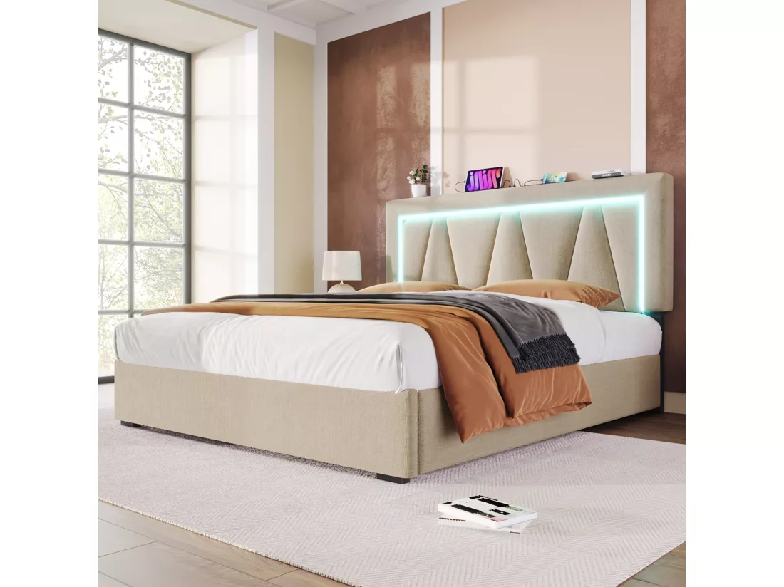 Lit coffre 140 x 200 cm pour adulte - USB + Type C + LEDs - tissu lin - beige