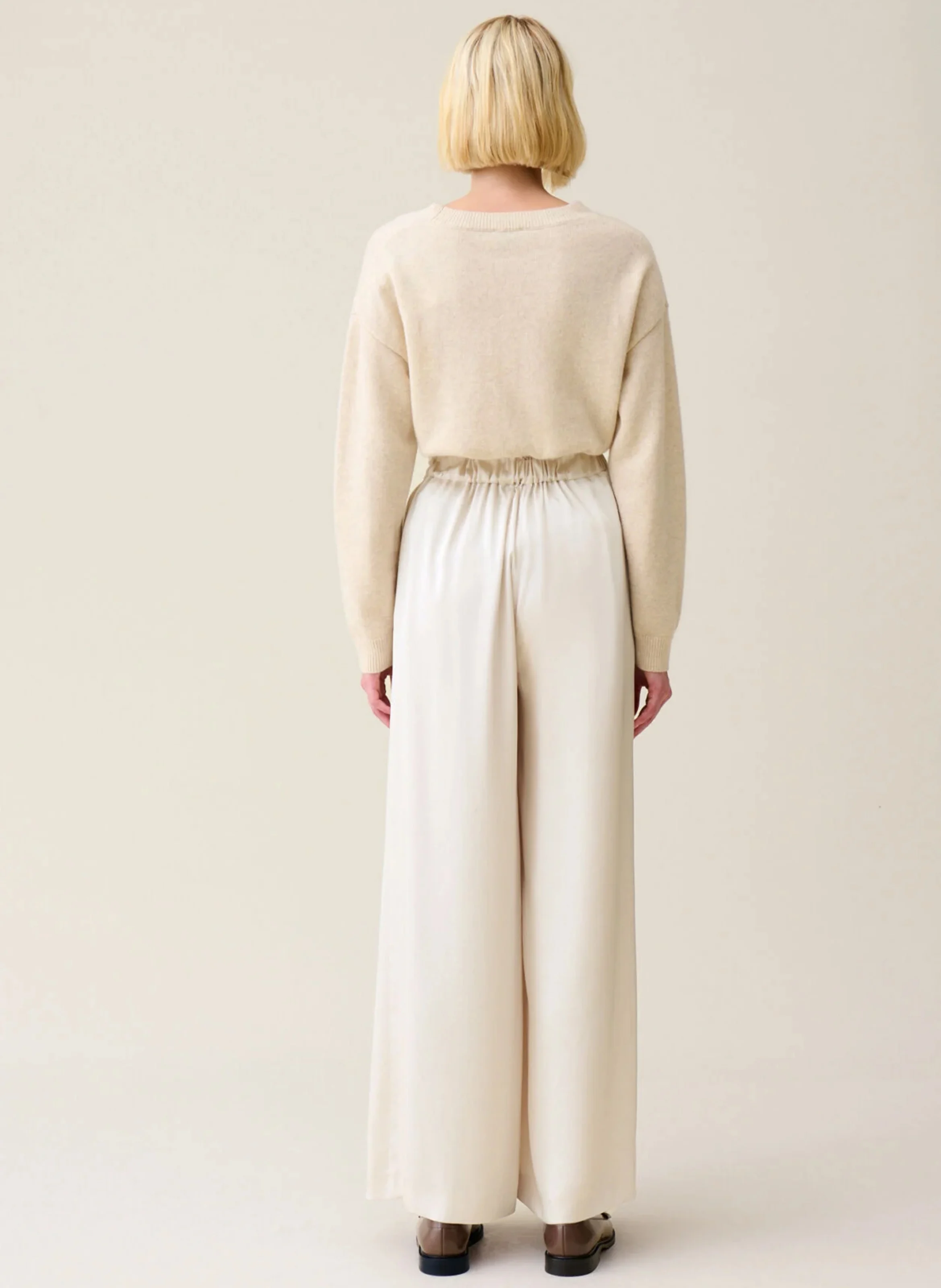 Pantalon large taille haute satiné | Beige
