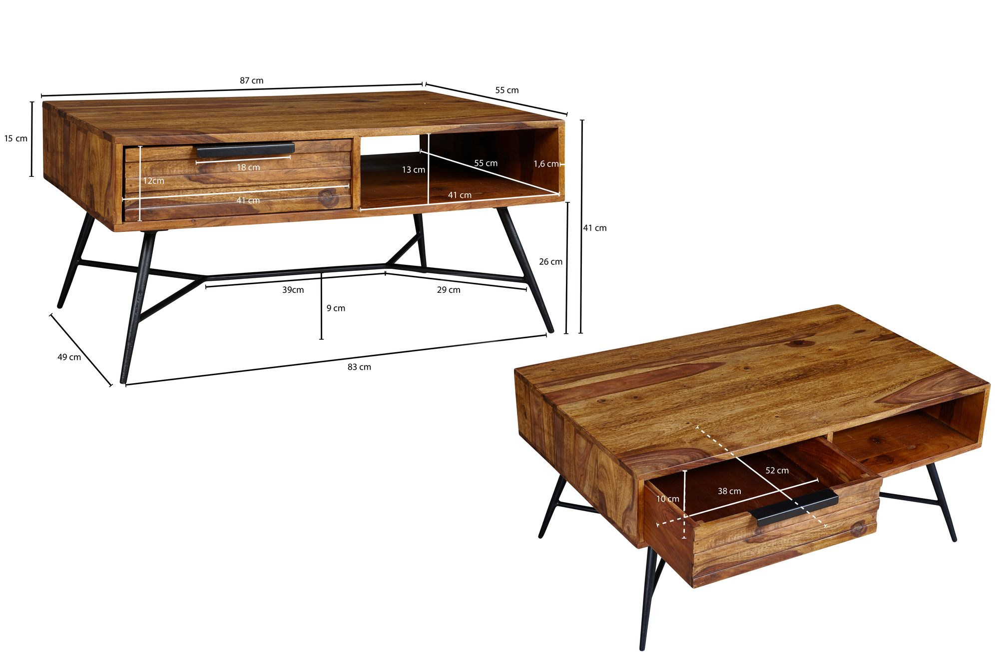 FineBuy Couchtisch NISHAN Massiv Holz Holztisch Wohnzimmertisch Metallbeine