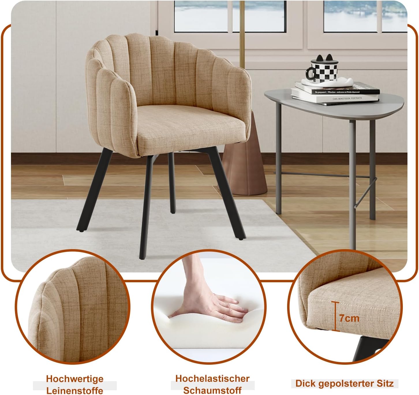 Esszimmerstühle Drehbar, Drehstühle Esszimmer mit Armlehnen, Polsterstühle aus Leinenstoff, Drehsessel mit Metallbeinen, Küchenstühle, Sessel Wohnzimmer (1, Khaki)