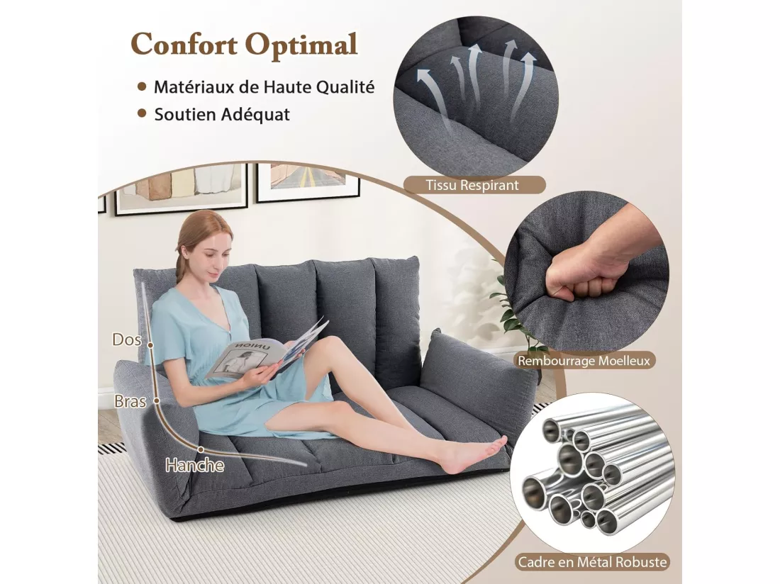 Canapé au Sol Pliable et Inclinable, Siège Rembourré avec Dossier et Accoudoirs Réglables à 5 Positions, Canapé Convertible, Cadre en Métal Robuste, pour Salon de Jeu, Chambre, Gris